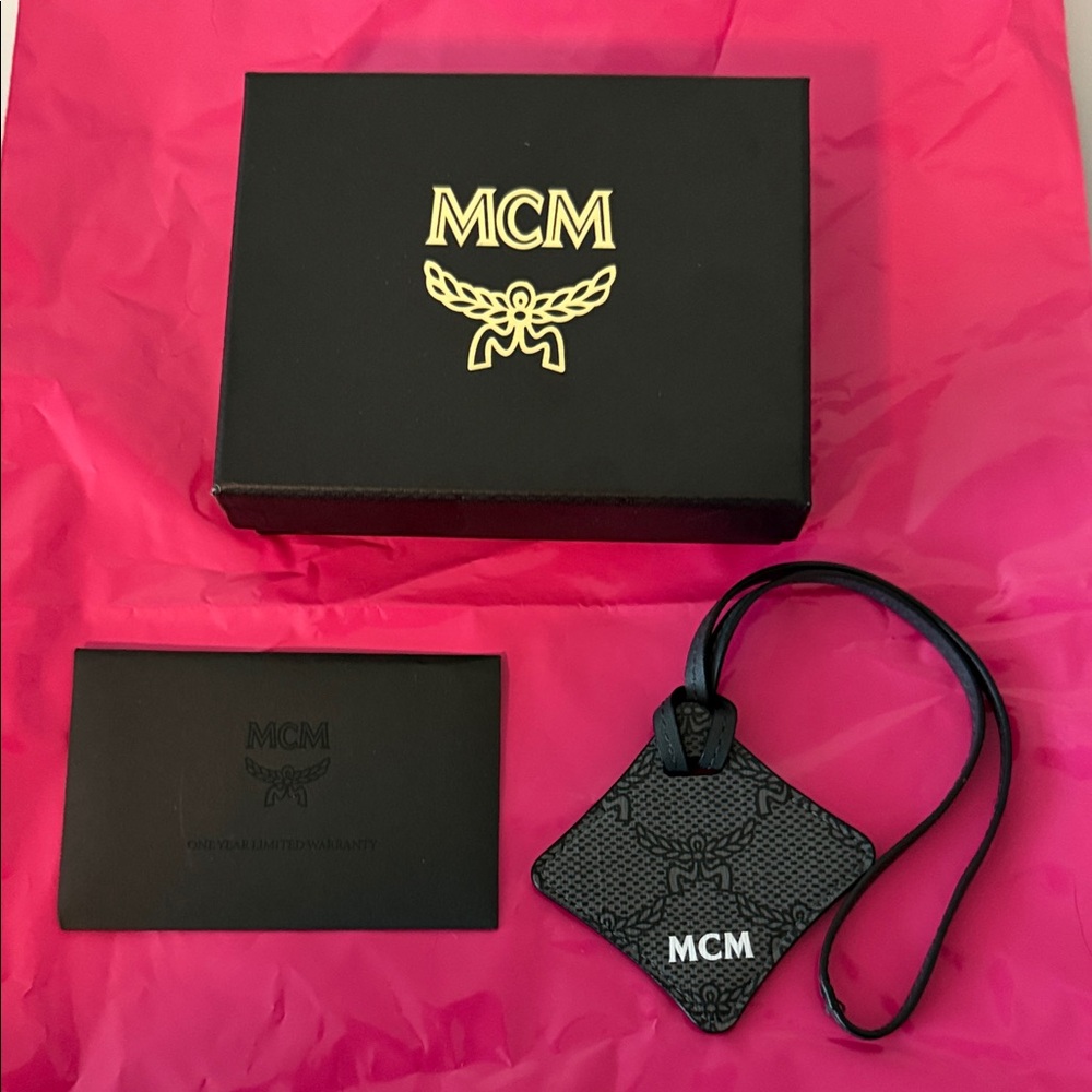 MCM NIB Logo Black Leather Air Tag/Luggage Tag
